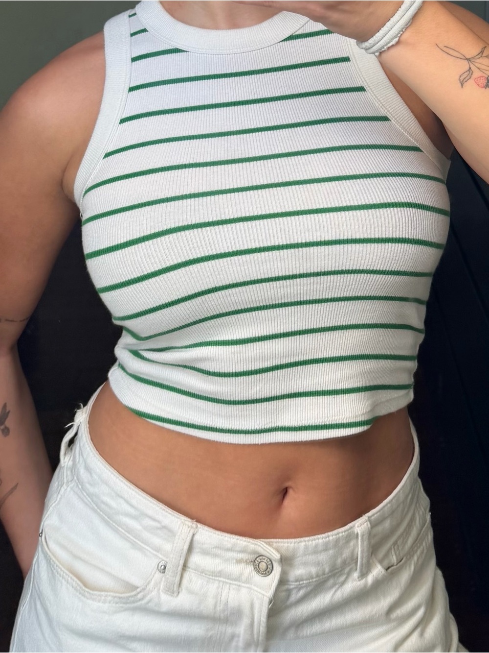 Old Navy White & Green Striped Ribbed High Neck Tank Top